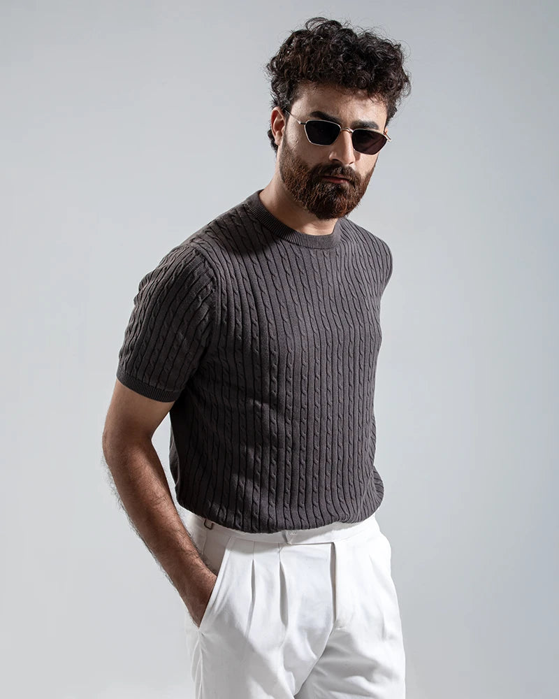 Cable Knit Heritage Crew Neck (Grey)