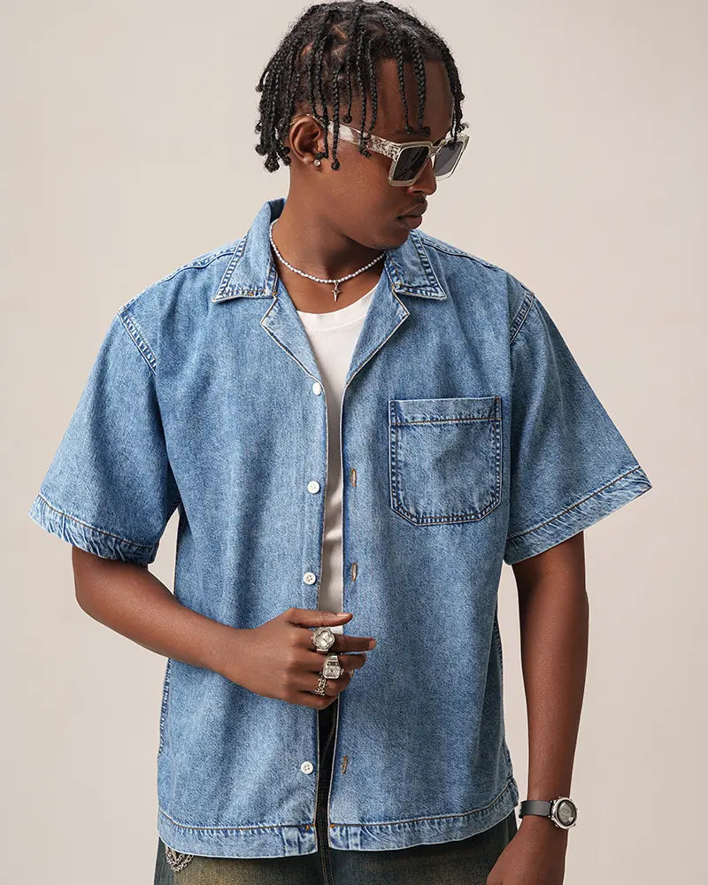 Street Drop-Shoulder Denim Shirt (Faded Blue)