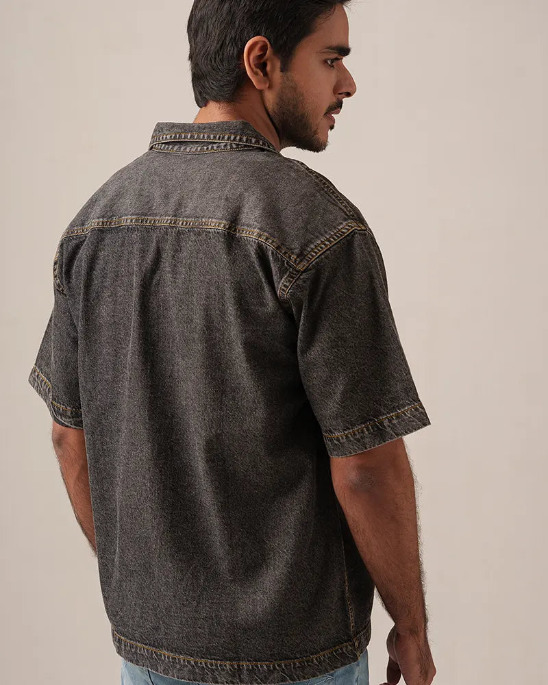 Street Drop-Shoulder Denim Shirt (Faded Black)