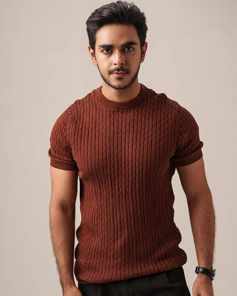 Cable Knit Heritage Crew Neck (Chocolate Brown)