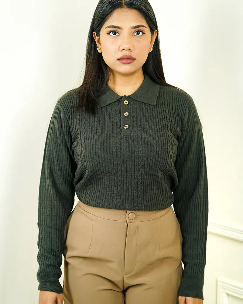 Olive Green Cable Knit Polo Sweater