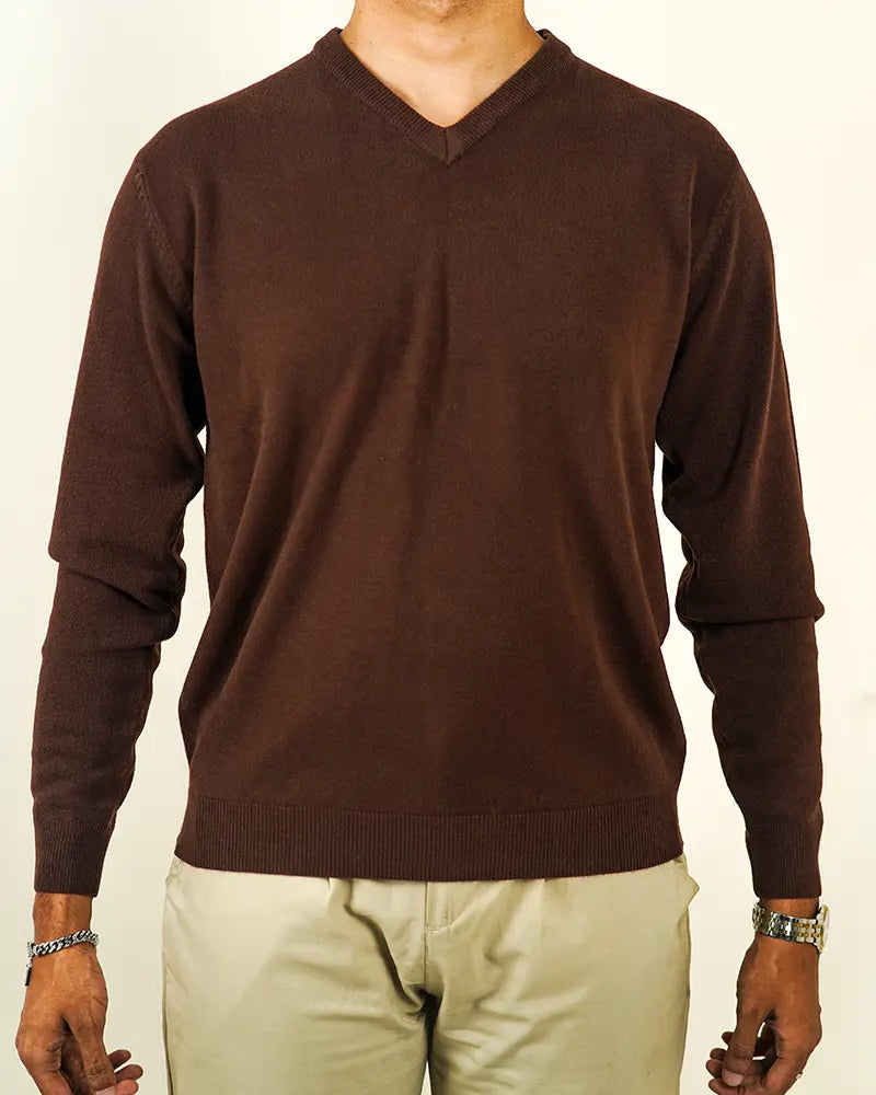 Brown V-Neck Cashmere-like Sweater