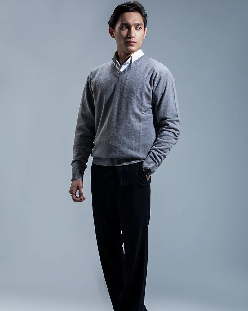 Oxford V-neck Sweater (Nardo Grey)