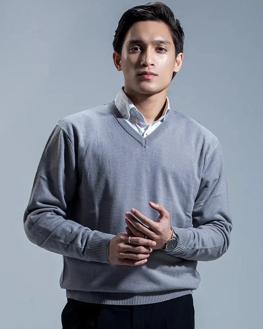 Oxford V-neck Sweater (Nardo Grey)