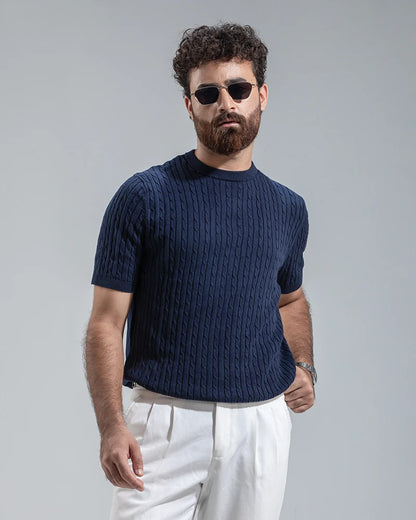 Cable Knit Heritage Crew Neck (Navy)