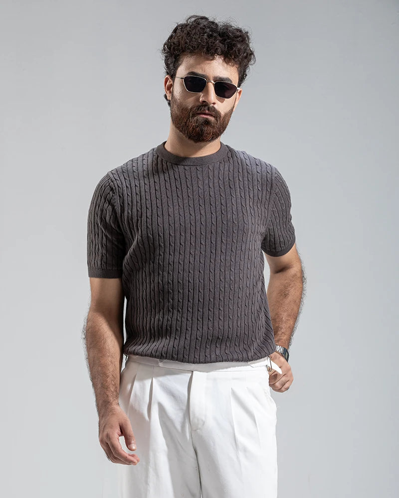 Cable Knit Heritage Crew Neck (Grey)