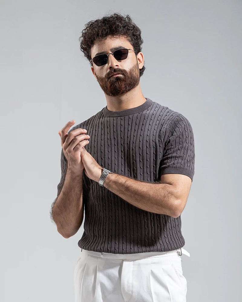 Cable Knit Heritage Crew Neck (Grey)