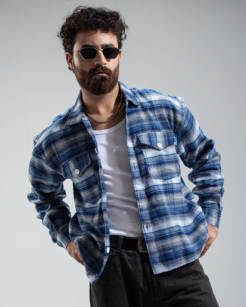 Plaid Flannel Jacket (Blue & White)