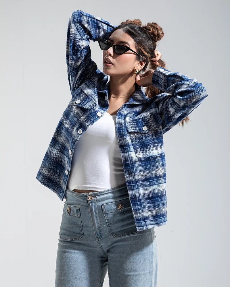 Plaid Flannel Jacket (Blue & White)