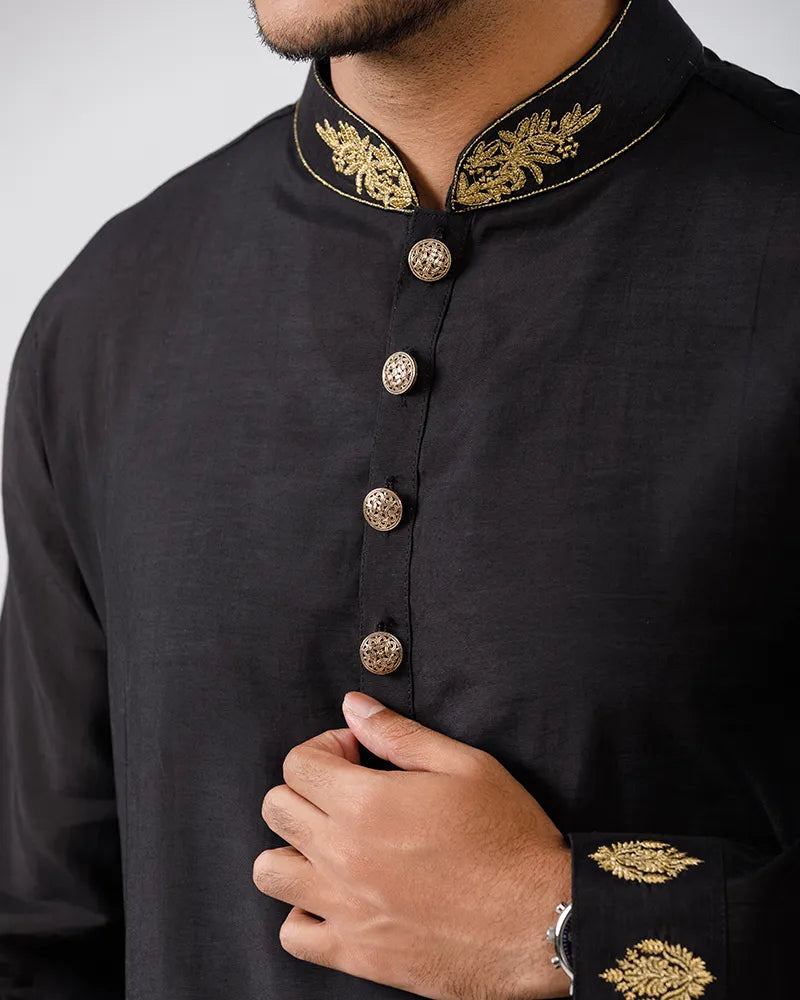 Midnight Black Regal Embroidered Panjabi