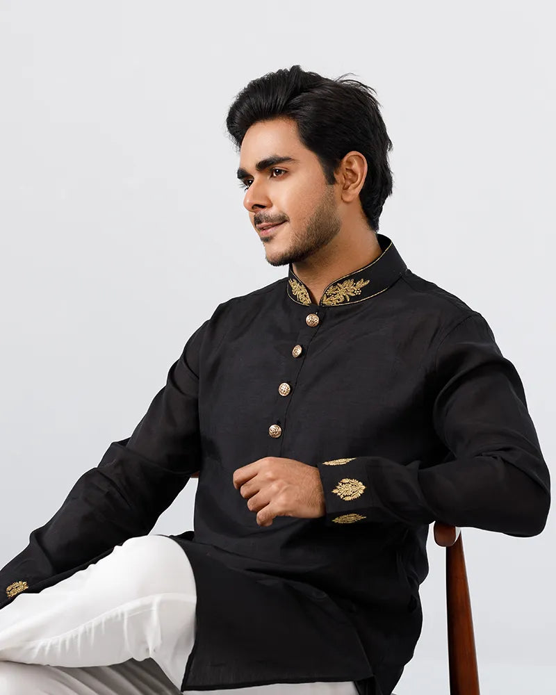 Midnight Black Regal Embroidered Panjabi