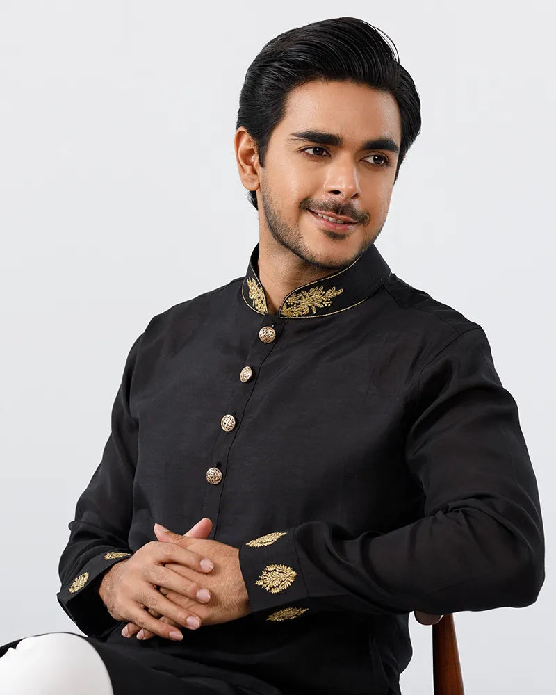 Midnight Black Regal Embroidered Panjabi