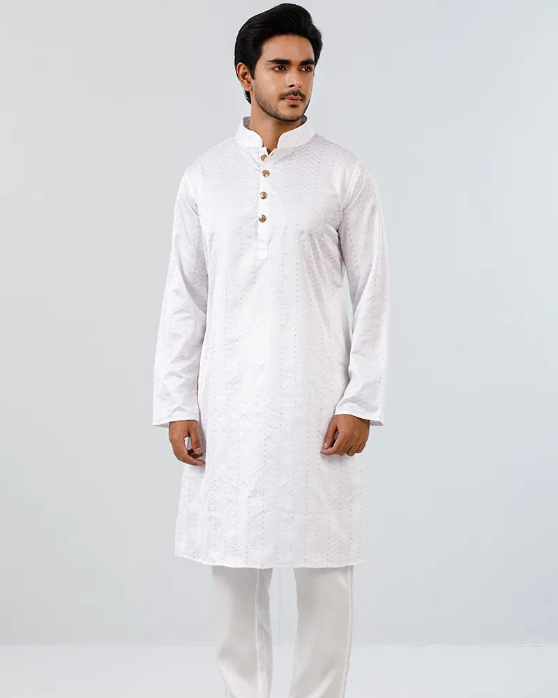 Crystal White Embroidery with Sequins Panjabi