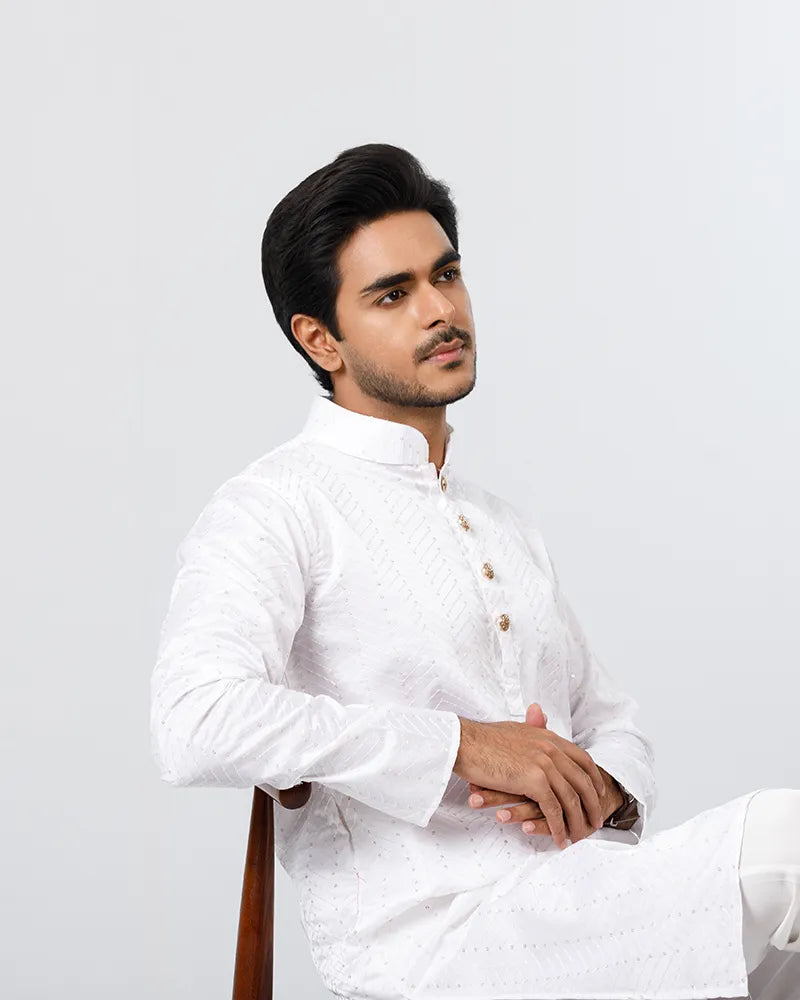 Crystal White Embroidery with Sequins Panjabi