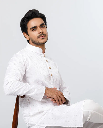 Crystal White Embroidery with Sequins Panjabi