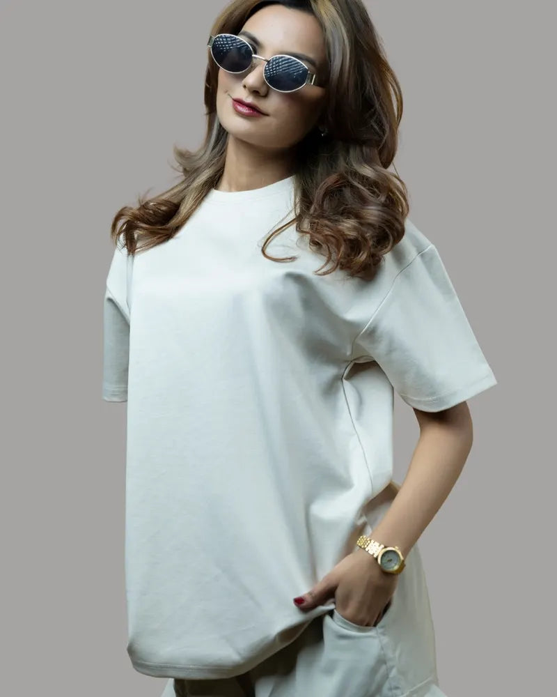 Drop Shoulder Solid T-shirt (Pearl White)