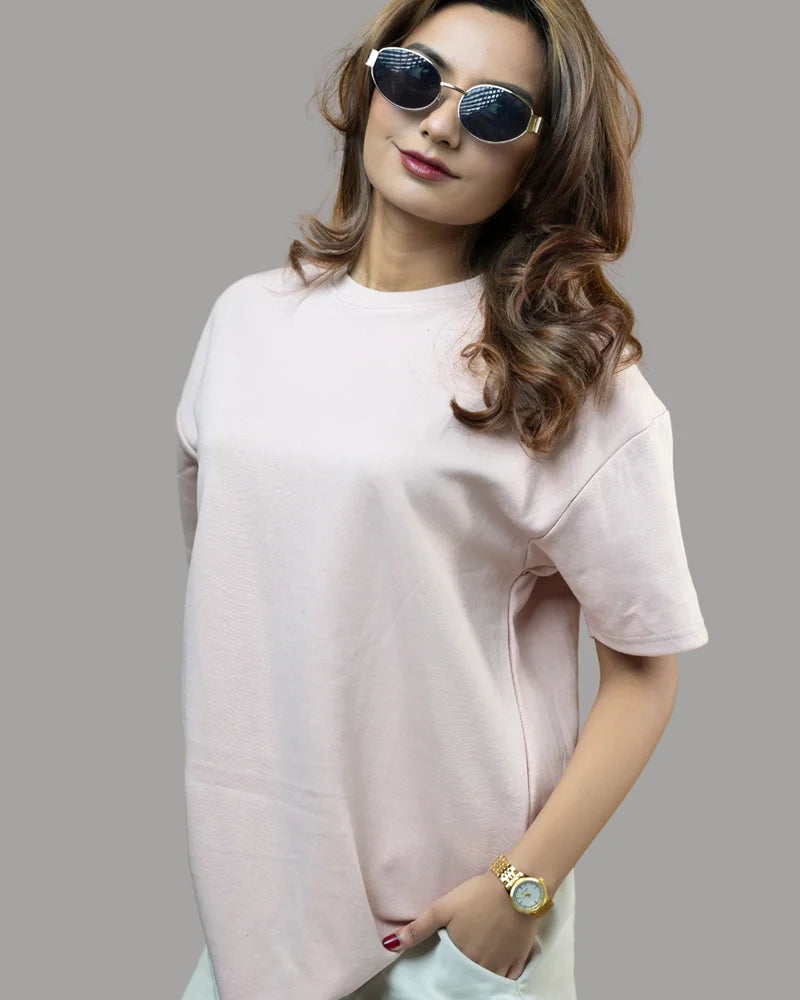 Drop Shoulder Solid T-shirt (Baby Pink)