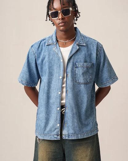 Street Drop-Shoulder Denim Shirt (Faded Blue)