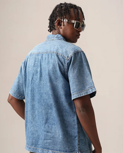 Street Drop-Shoulder Denim Shirt (Faded Blue)