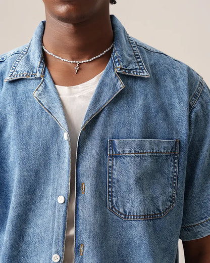 Street Drop-Shoulder Denim Shirt (Faded Blue)
