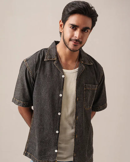 Street Drop-Shoulder Denim Shirt (Faded Black)