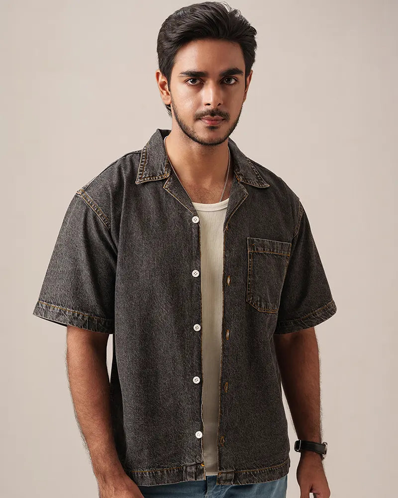 Street Drop-Shoulder Denim Shirt (Faded Black)
