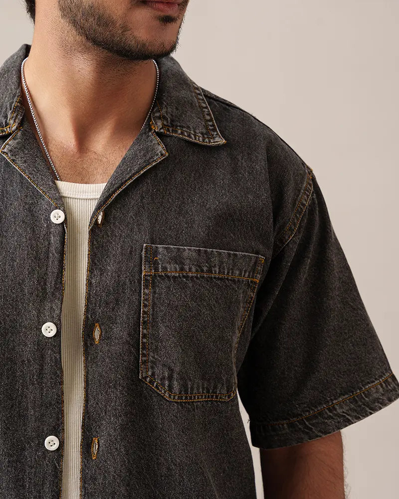 Street Drop-Shoulder Denim Shirt (Faded Black)