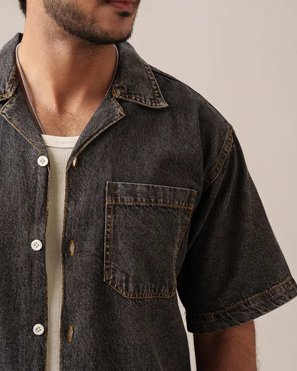Street Drop-Shoulder Denim Shirt (Faded Black)