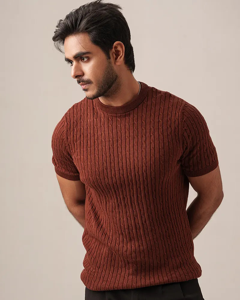 Cable Knit Heritage Crew Neck (Chocolate Brown)