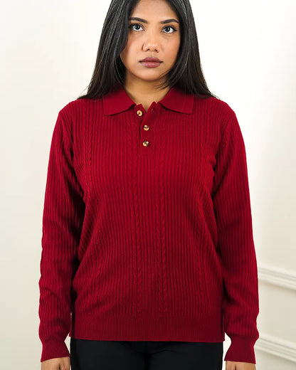 Red Cable Knit Polo Sweater