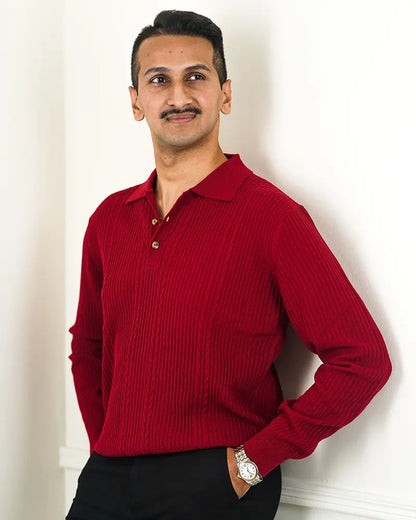 Red Cable Knit Polo Sweater