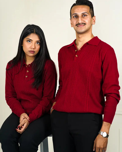 Red Cable Knit Polo Sweater