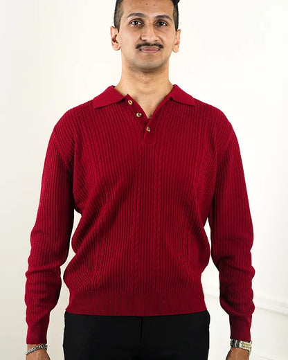 Red Cable Knit Polo Sweater