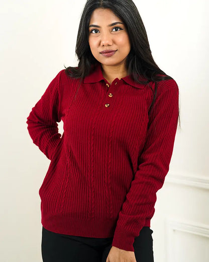 Red Cable Knit Polo Sweater