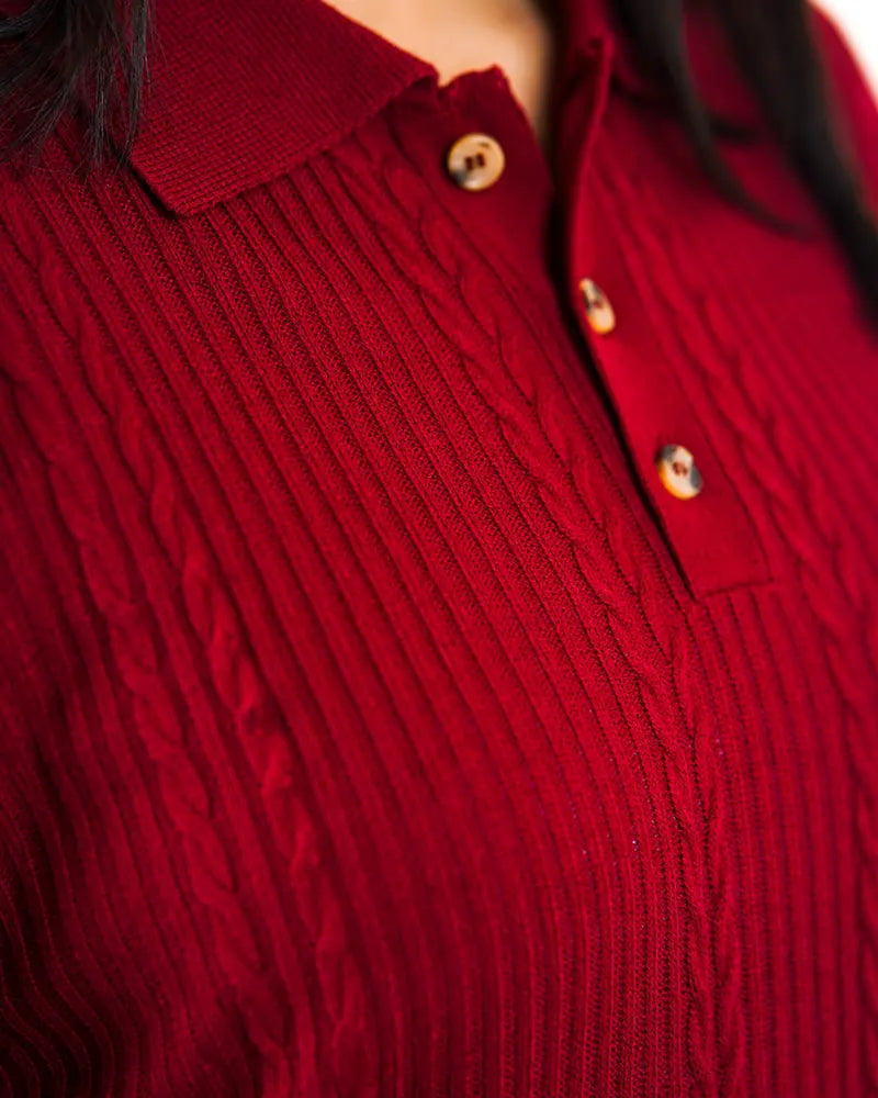 Red Cable Knit Polo Sweater