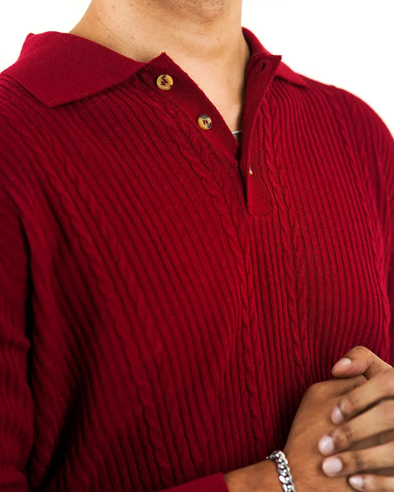 Red Cable Knit Polo Sweater