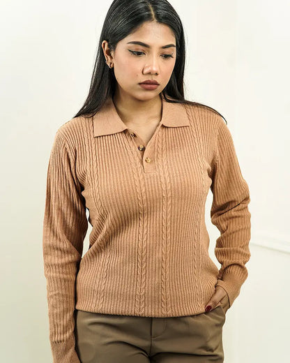 Camel Cable Knit Polo Sweater