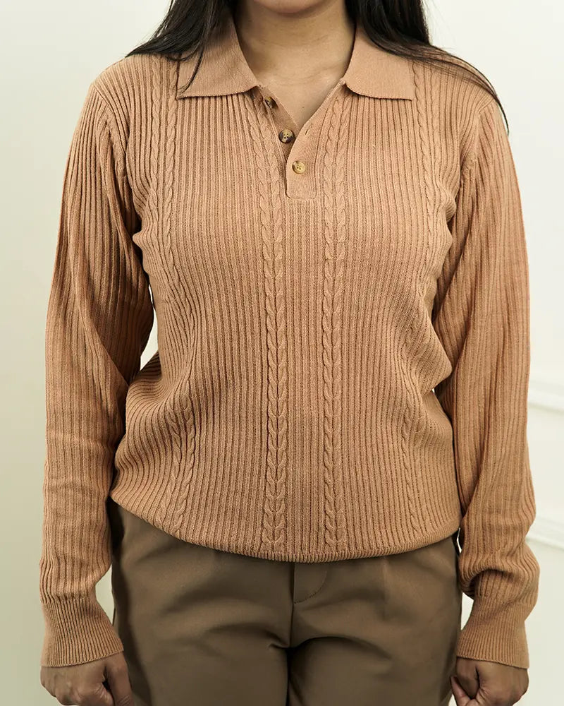 Camel Cable Knit Polo Sweater