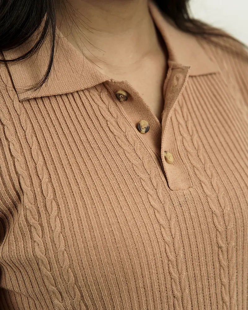 Camel Cable Knit Polo Sweater
