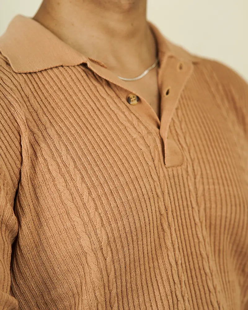 Camel Cable Knit Polo Sweater
