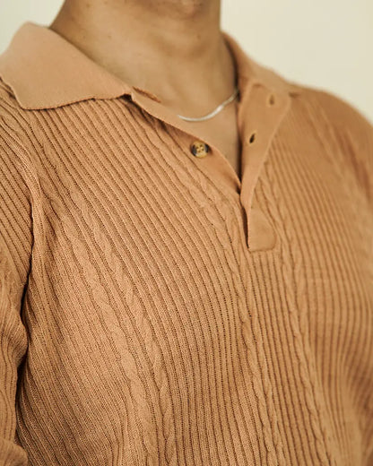 Camel Cable Knit Polo Sweater