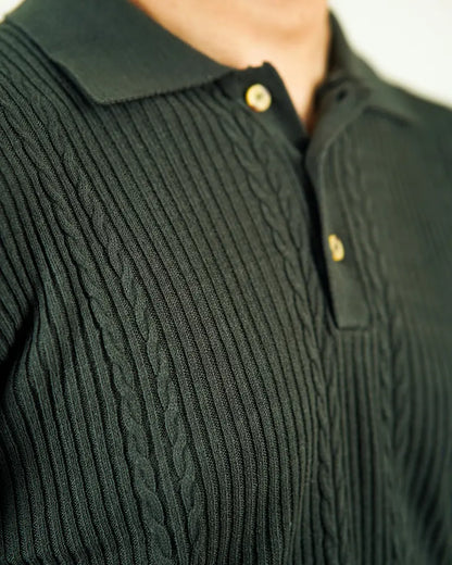 Olive Green Cable Knit Polo Sweater