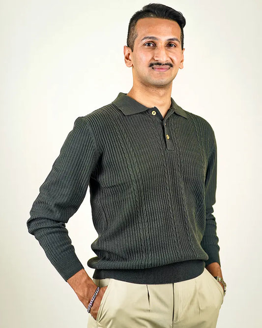 Olive Green Cable Knit Polo Sweater