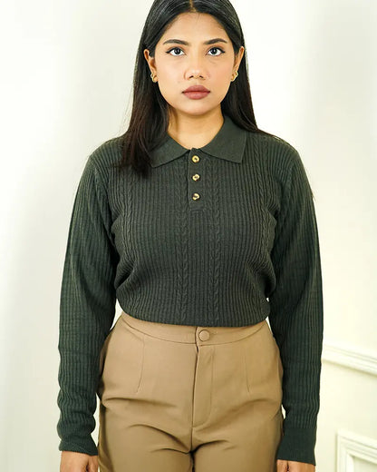 Olive Green Cable Knit Polo Sweater