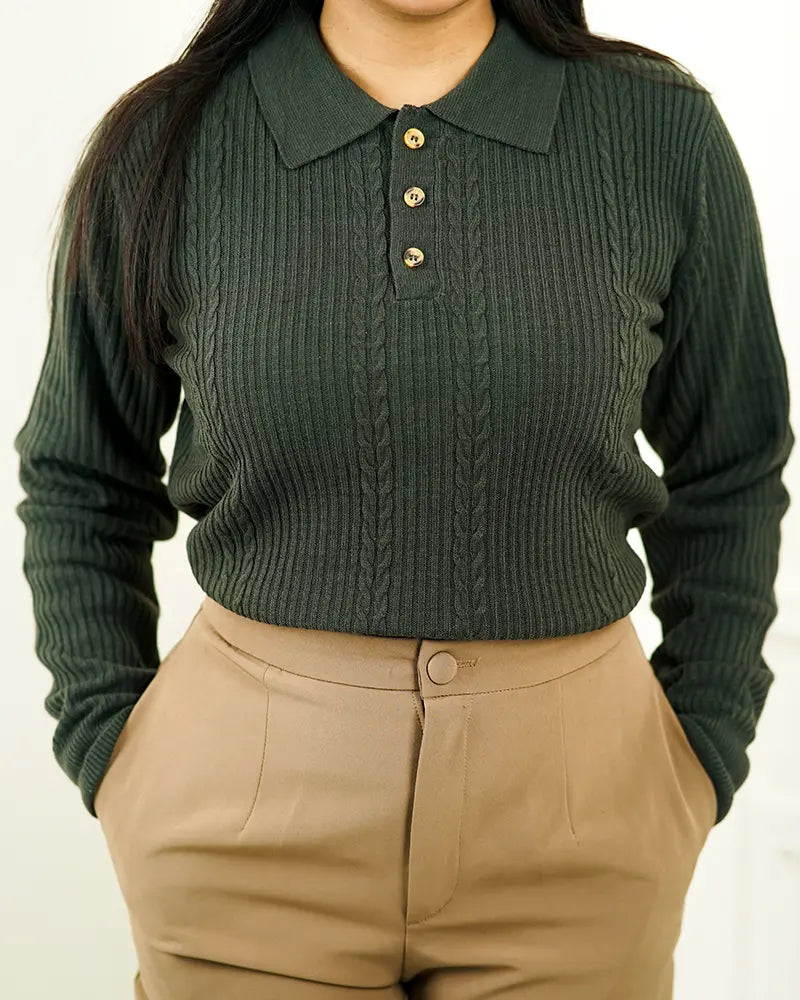Olive Green Cable Knit Polo Sweater