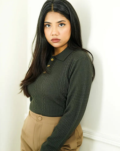 Olive Green Cable Knit Polo Sweater
