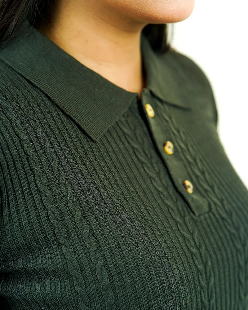 Olive Green Cable Knit Polo Sweater