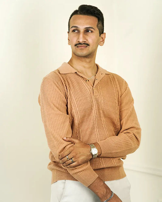 Camel Cable Knit Polo Sweater