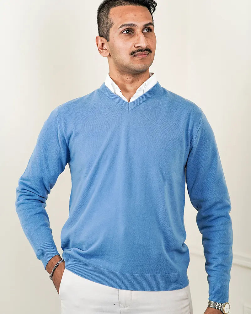 Light Blue V-Neck Cashmere-like Sweater