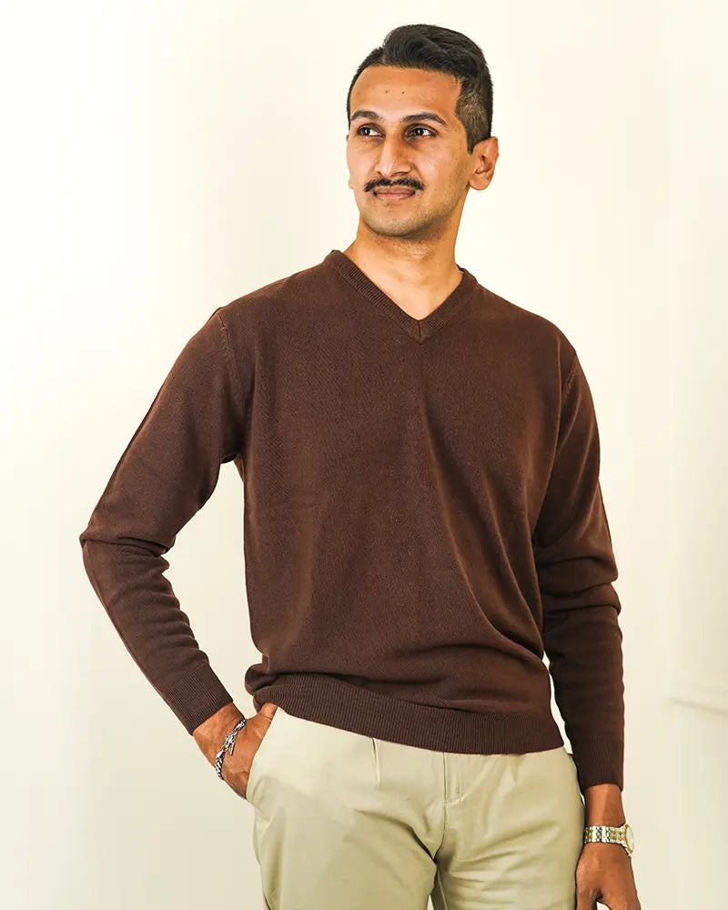 Brown V-Neck Cashmere-like Sweater